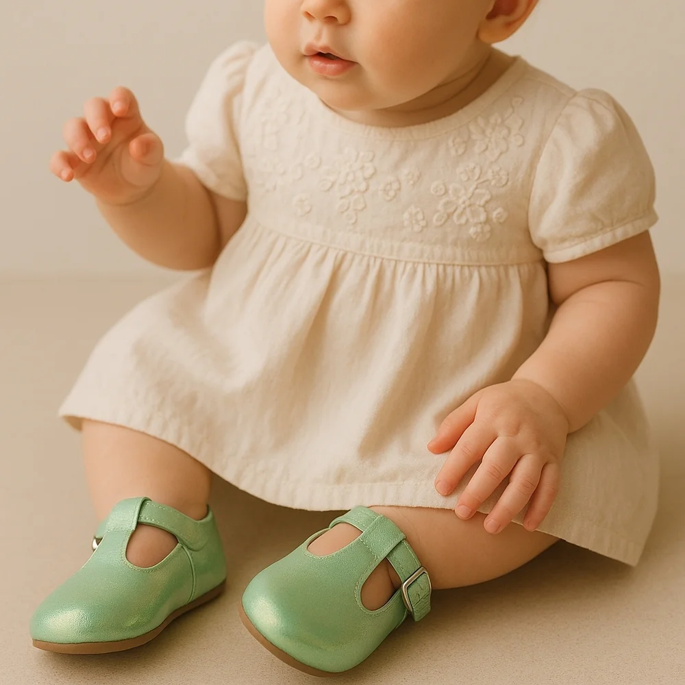 NEW A Bear Co Toddler Size 3 Smooth Glitter T-Strap Flats‎ Green Girls